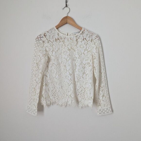 Club Monaco white ivory Blanc Samyra lace sheer long sleeve crewneck blouse - Picture 2 of 5